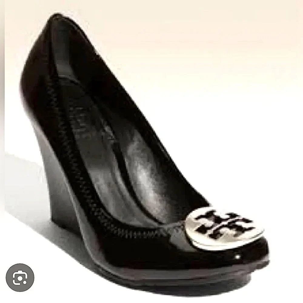 Tory Burch Designer Black Patent Leather Wedge Pumps Heel 8.5